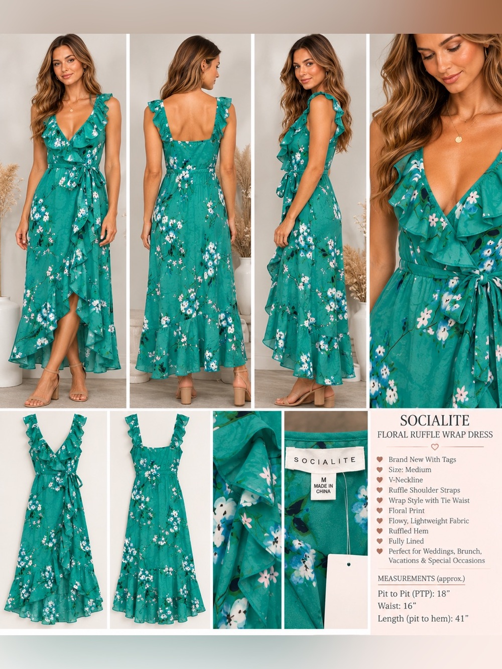Socialite Teal Floral Ruffle Wrap Midi Dress Size M NWT